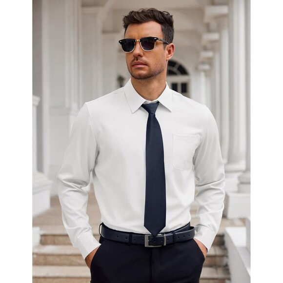 White Mens Dress Long Sleeve Button Down Wrinkle Free Shirt with Pocket - Picture 2 of 6